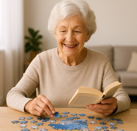 책을 읽으며 퍼즐 맞추기를 하는 밝은 표정의 할머니