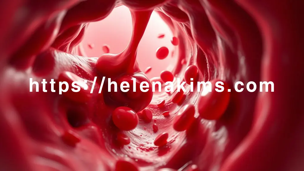 인체 혈관 내부를 확대한 모습. 붉은 혈액이 끈적하게 뭉치며 흐름이 더뎌지고, 그 안에서 혈전(피떡)이 서서히 형성되어 혈관을 부분적으로 막는 이미지.