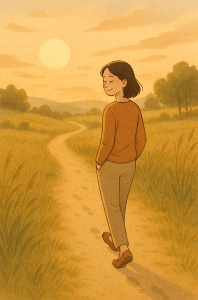 해질녘 들길을 혼자 천천히 걷는 사람