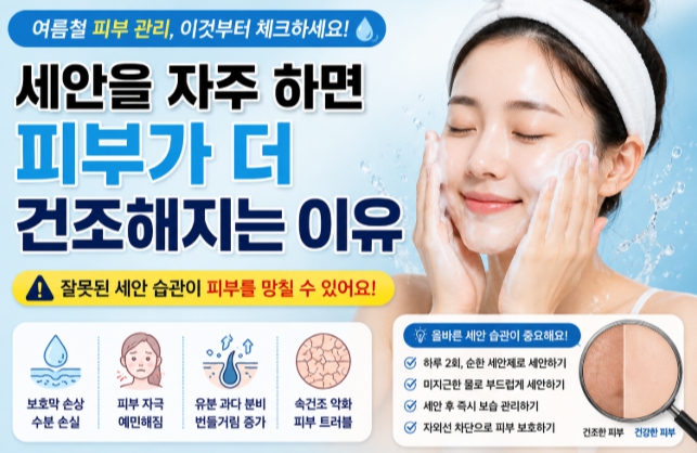 여름철 세안을 자주하면 피부가 더 건조해지는 이유를 설명한 이미지