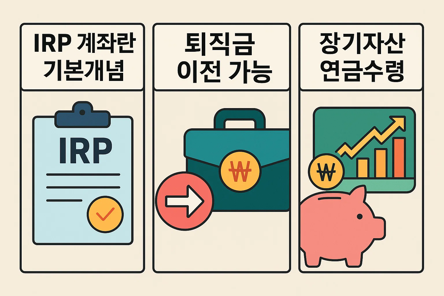 IRP 계좌의 정의, 퇴직금 이전 가능 여부, 장기 자산 관리 및 연금 수령 구조를 시각적으로 정리한 인포그래픽으로, IRP 제도의 핵심 구조를 초보자도 쉽게 이해할 수 있게 표현함.