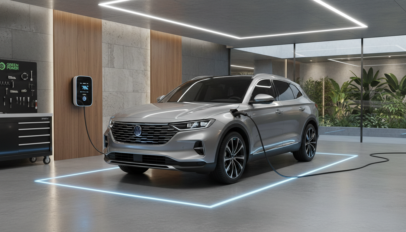 고급 차고에서 가정용 충전기로 배터리를 충전 중인 2026 BMW X5 50e 플러그인 하이브리드 모델