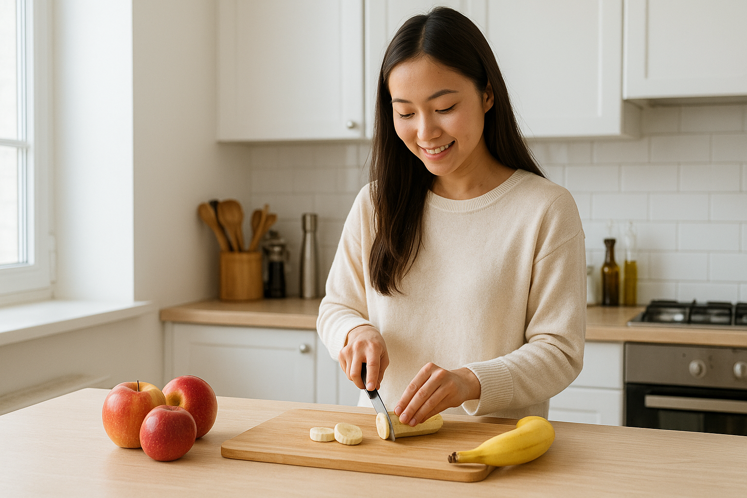밝은 주방에서 사과와 바나나를 손질하는 여성의 모습