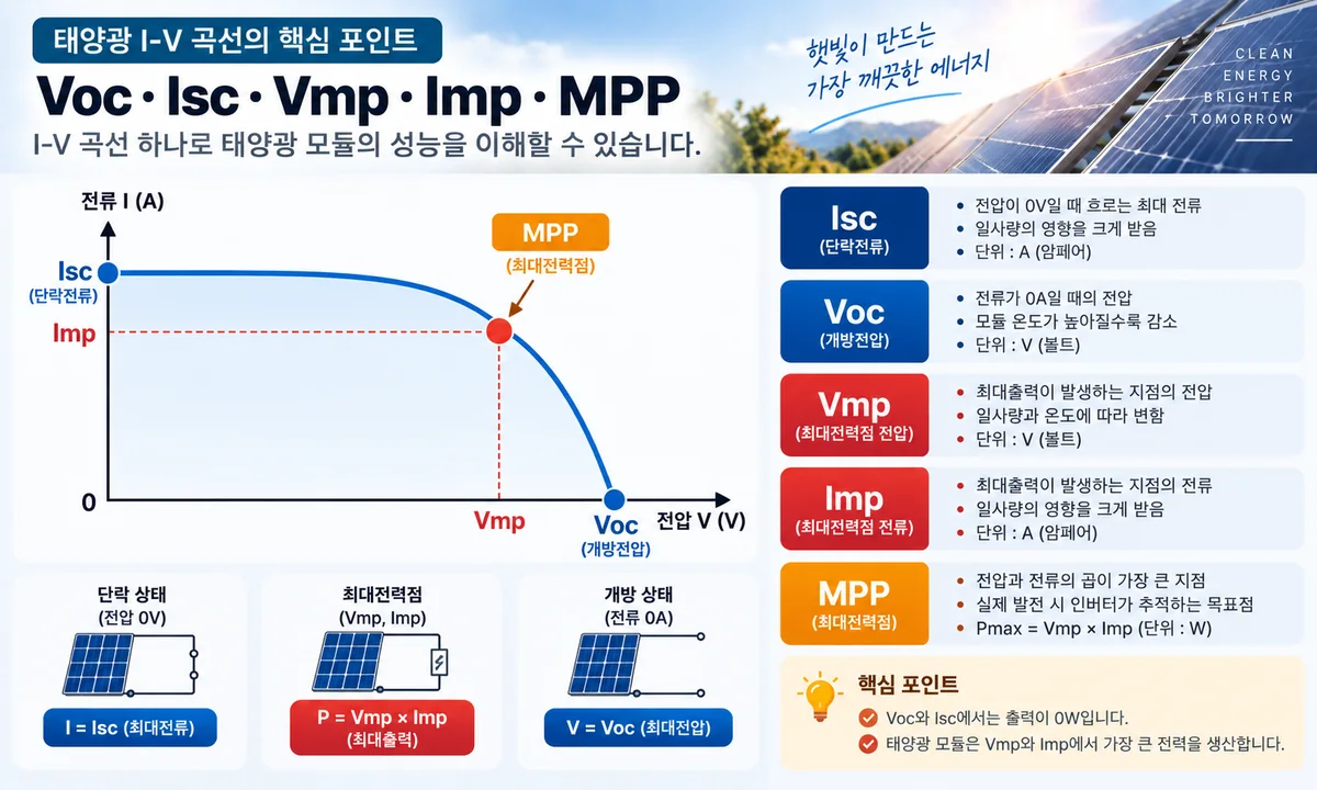 태양광 I-V 곡선에서 Voc Isc Vmp Imp MPP 위치와 의미를 설명하는 인포그래픽