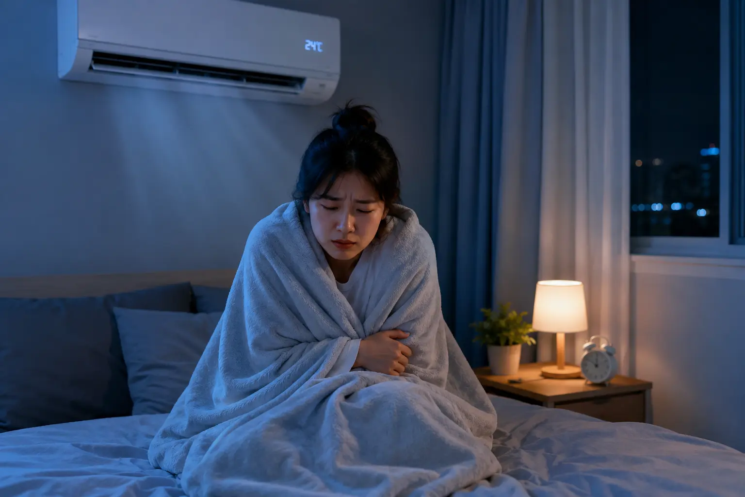 에어컨 직바람으로 추위를 느끼는 여름밤 실내 모습