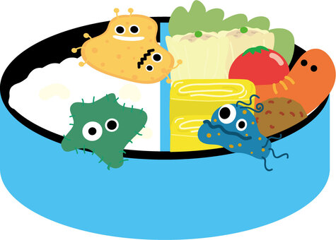 도시락 위에 노랑, 파랑, 초록으로 나타낸 세균들