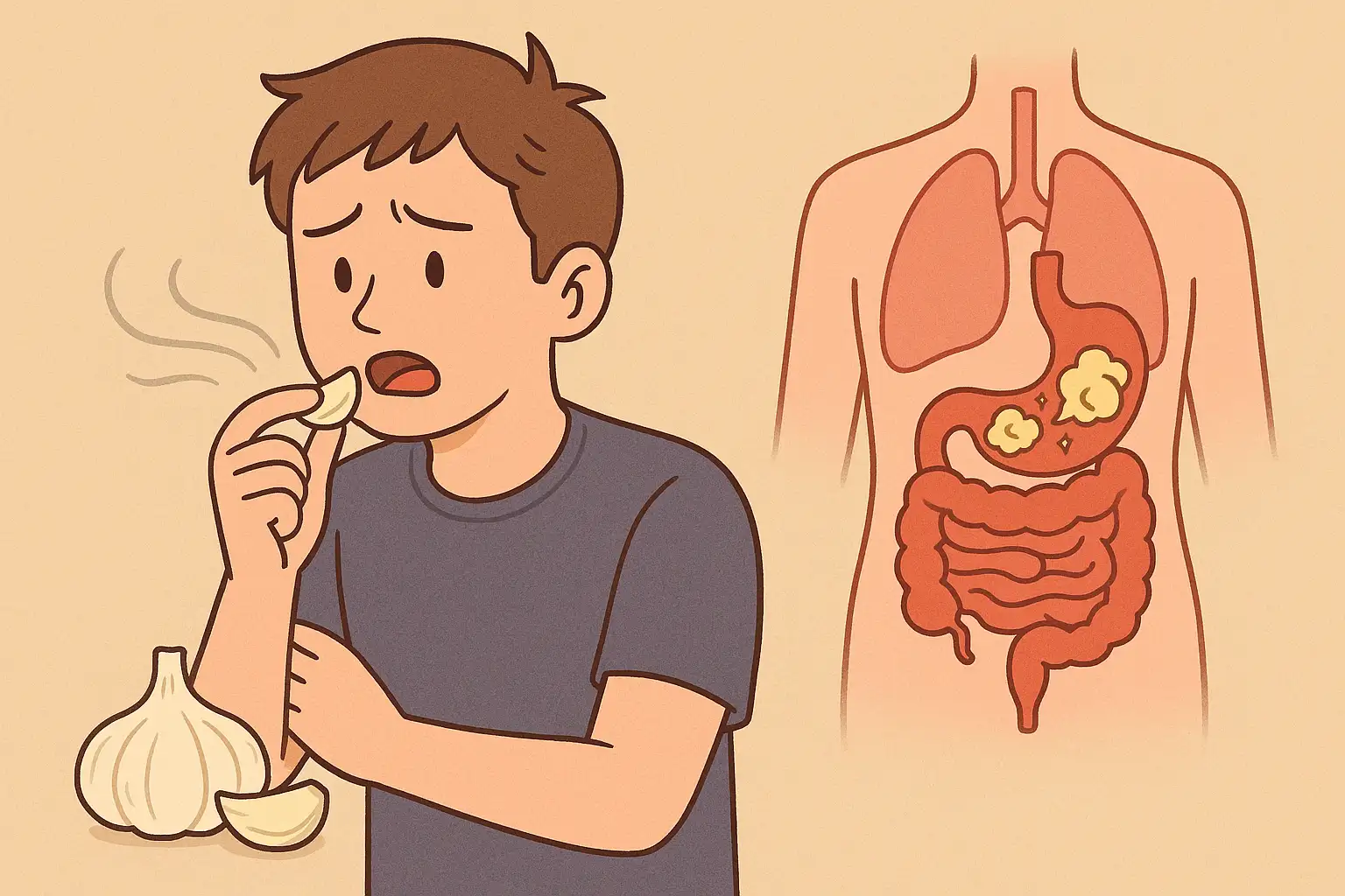 마늘을-먹는-사람과-내부-소화기관이-함께-표현된-의학-일러스트로,-마늘의-황화합물이-체내에서-대사되어-피부와-호흡을-통해-냄새로-배출되는-과정을-표현한-이미지
