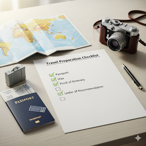 여권,여행지도,체크리스트,카메라여행 지원금을 받기 위한 필수 서류와 준비물을 시각화한 이미지