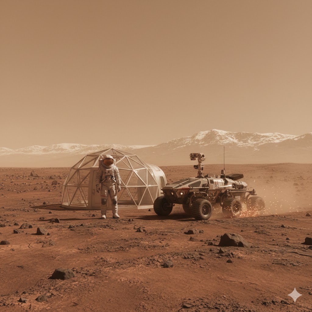 화성 표면에 건설된 투명 돔 기지와 탐사선 옆에 서 있는 우주비행사의 현실적인 모습