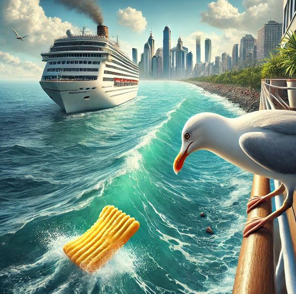 유람선 옆에서 과자를 탐하는 갈매기의 모습