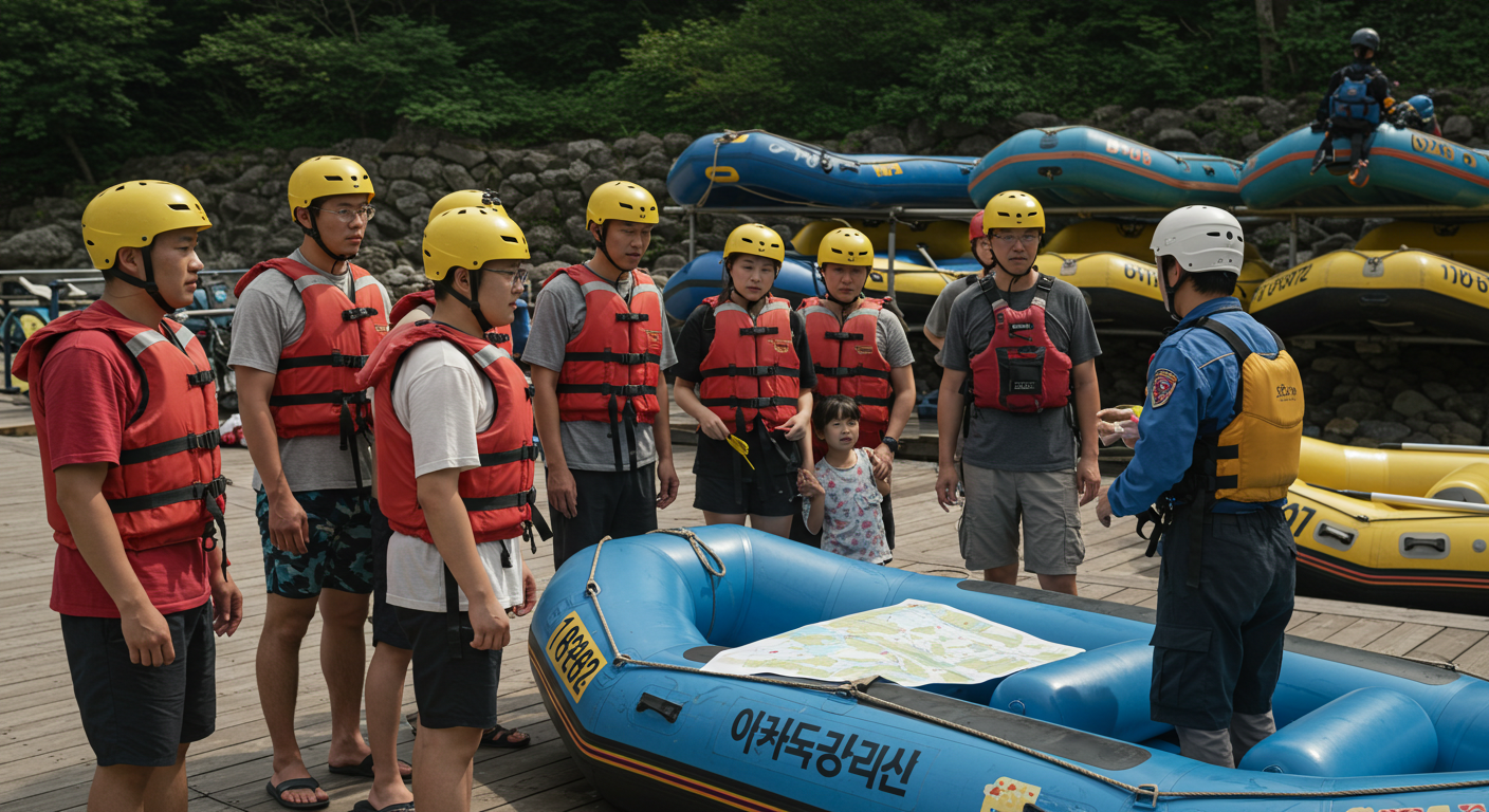 영월 동강 래프팅 출발 전 한국인 가이드가 안전 교육을 하는 모습