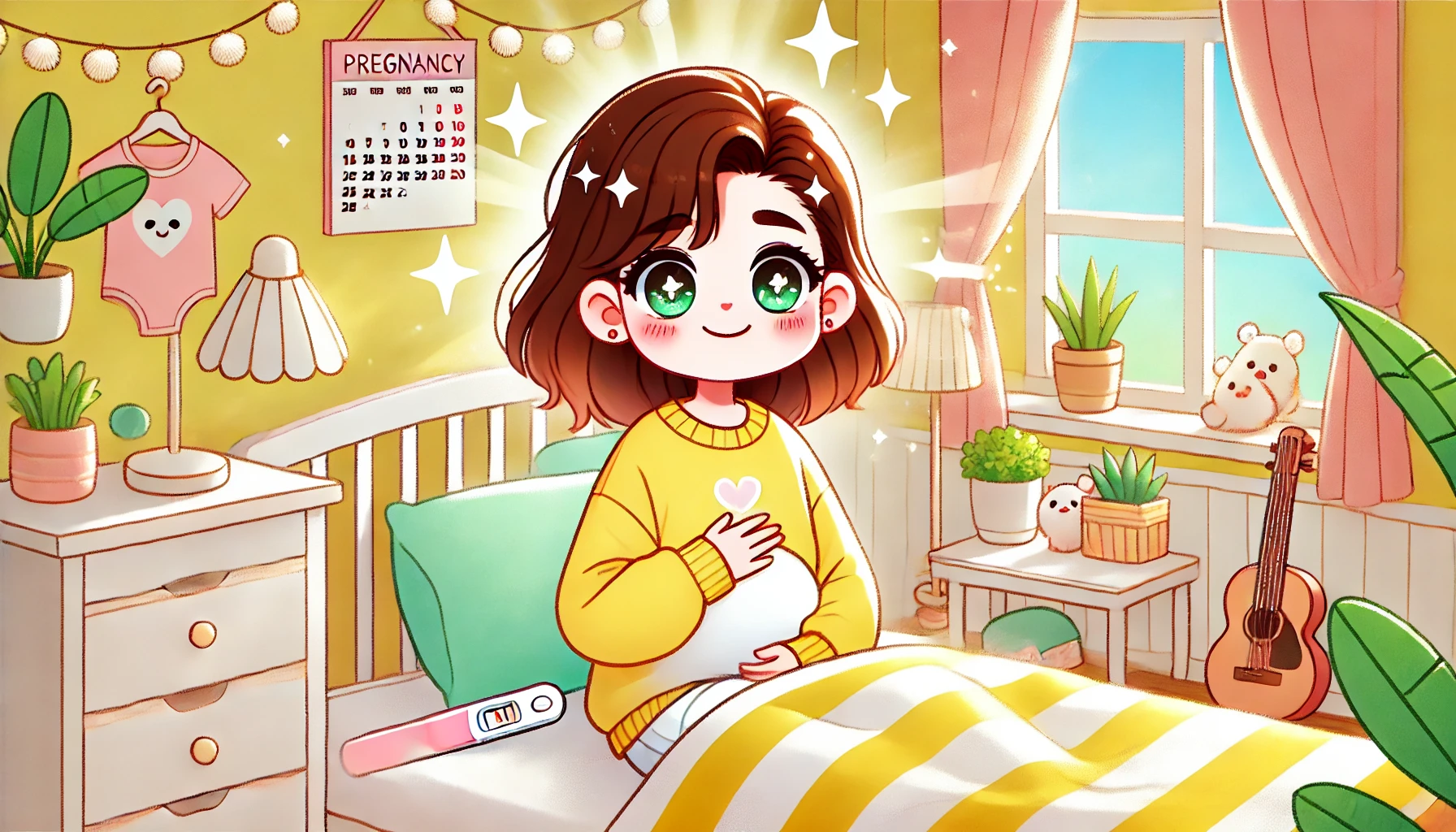 밝고 따뜻한 햇살 속에서 임신 초기 기쁨을 느끼는 귀여운 캐릭터 스타일의 여성 일러스트