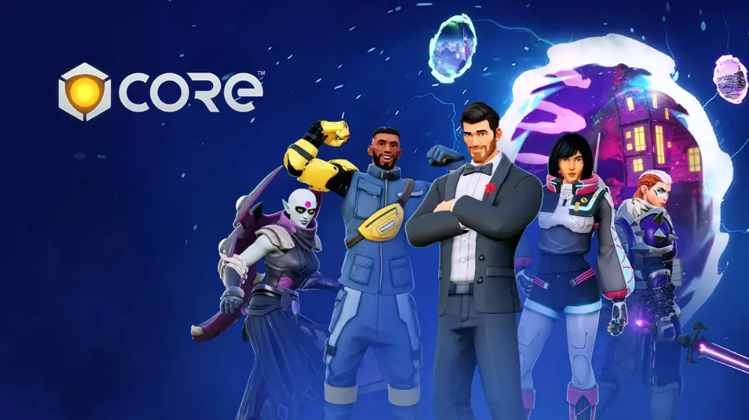 코어게임즈(Core Games) 메인 캐릭터들이 다양한 의상과 무기로 포즈를 취하고 있는 공식 이미지, 사용자 제작 콘텐츠(UGC) 기반의 샌드박스형 게임 플랫폼을 대표