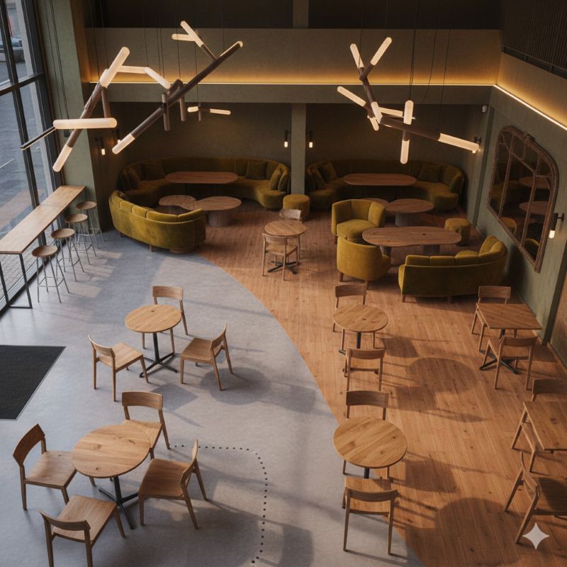 카페 매장 내 전략적으로 배치된 의자와 테이블 구성