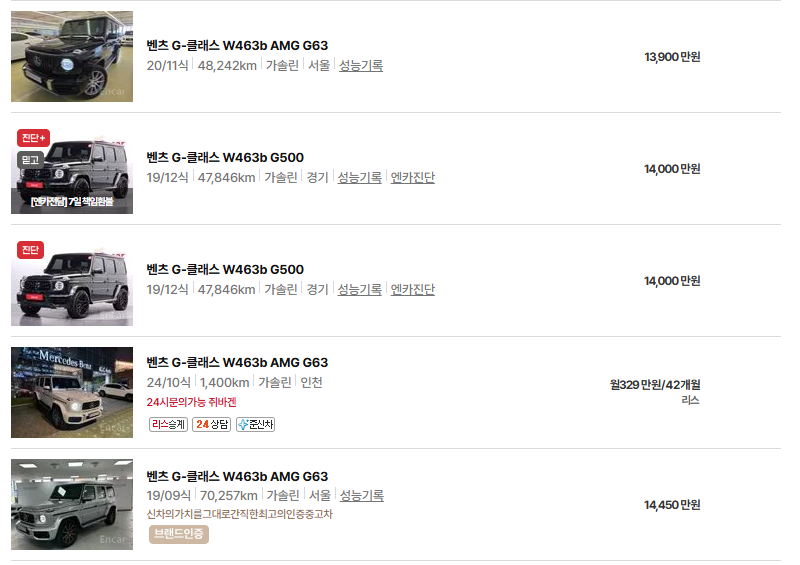 벤츠 G클래스 중고차 가격 시세표 유지비