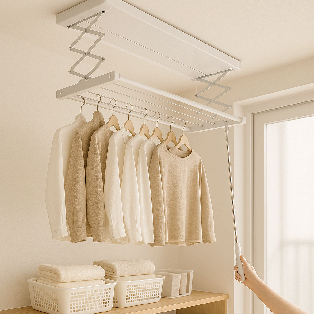 천장형 빨래건조대가 설치된 베란다