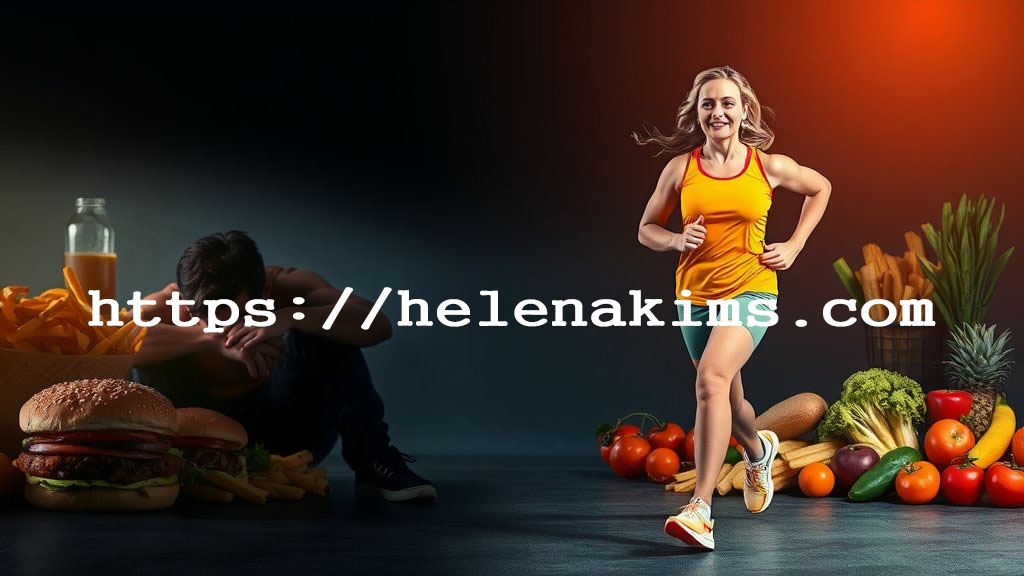 왼쪽은 바만의 남성이 운동을 하기 싫어 하는 모습과 오른쪽은 여성이 싱싱한 채소와 함께 운동하는 모습.