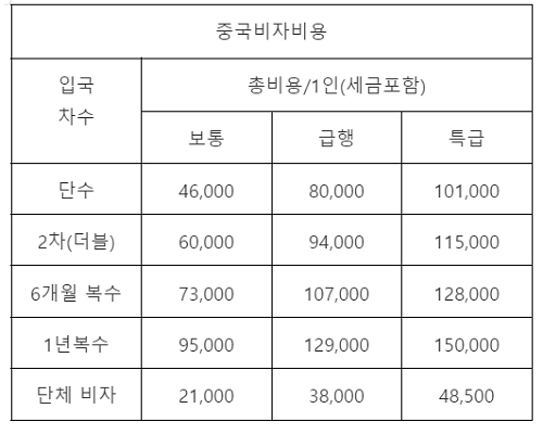 중국여행비자발급비