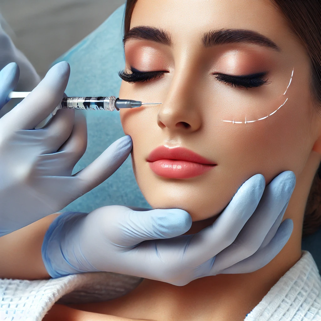 피부과에서 필러 주사 시술을 받고 있는 환자, 얼굴에 볼륨을 주고 주름을 완화하는 장면