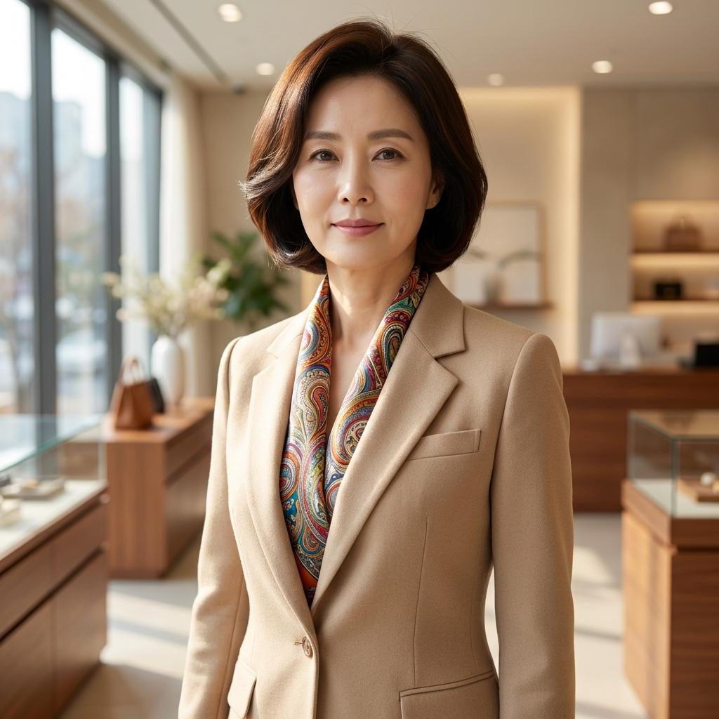 50대 모임룩에 어울리는 베이지 자켓 스카프 매치법