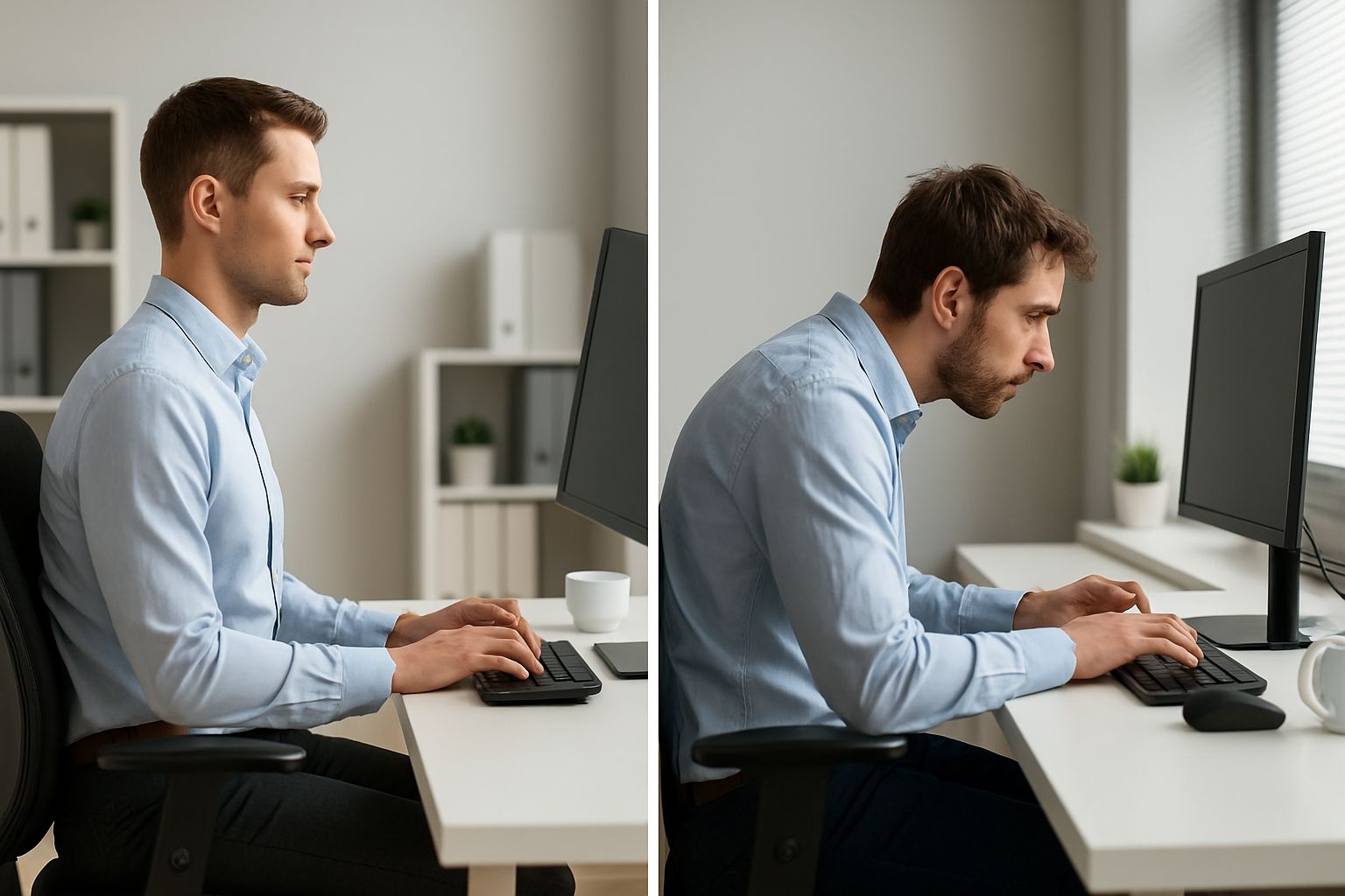 올바른 골반 중립 자세로 의자에 앉아있는 직장인 모습과 잘못된 자세 비교