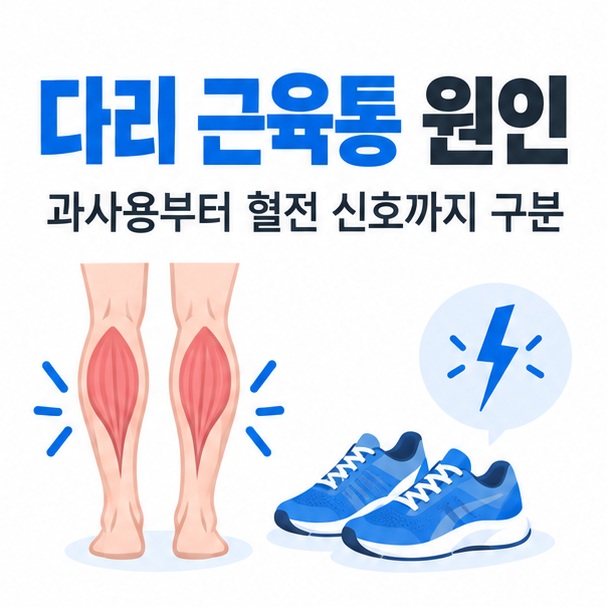 종아리 근육과 통증 표시 아이콘을 중심으로 다리 근육통 원인 문구를 보여주는 대표 카드뉴스 이미지