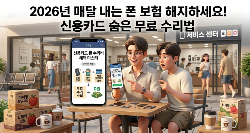 신용카드 혜택 중 휴대폰 수리부분을 안내하는 모습을 재현한 캐릭터 이미지