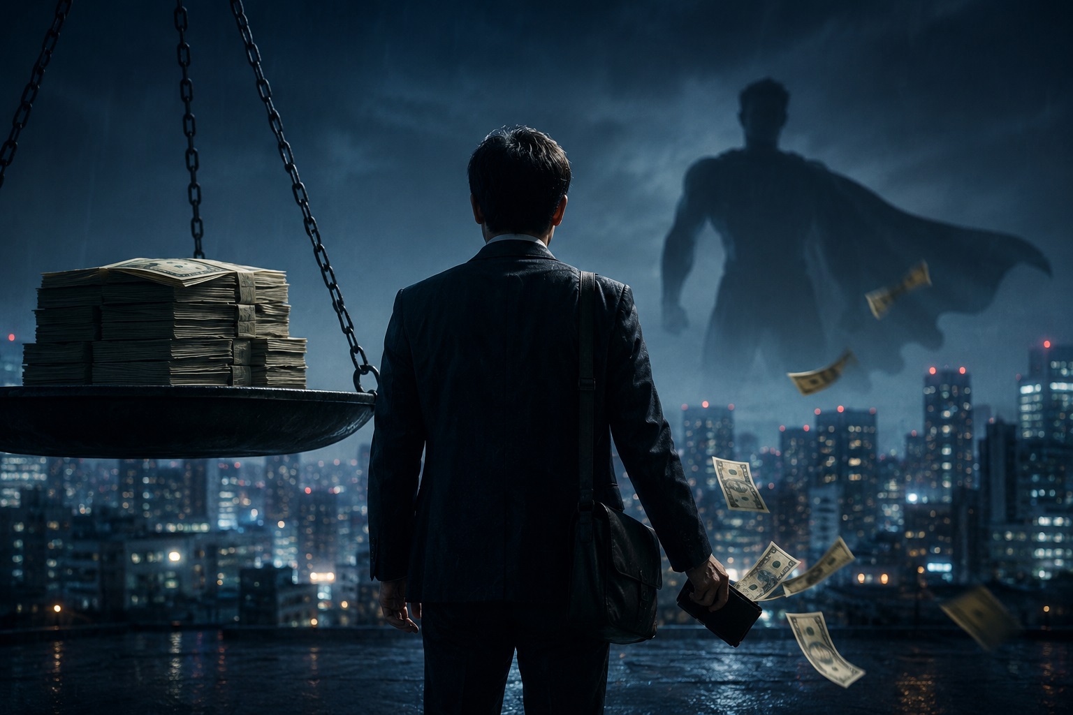 캐셔로 리뷰를 상징하는 평범한 공무원과 돈의 힘을 표현한 히어로 콘셉트 이미지