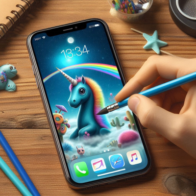 스마트폰 화면에서 유니콘 그림을 그리는 모습입니다. 색상과 도구를 사용해 그림을 완성하는 장면을 보여줍니다.