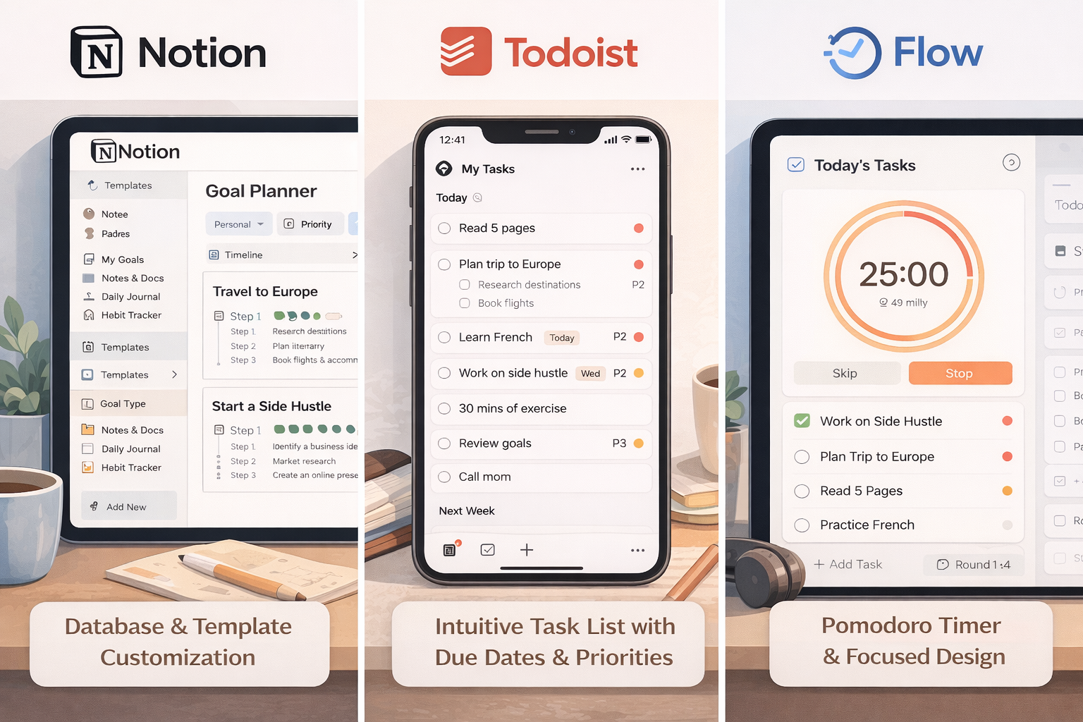 노션, 투두이스트, 플로우(Flow) 세 가지 스마트 플래너 앱의 사용자 인터페이스 화면 비교. 각 앱의 주요 기능과 디자인 특징을 한눈에 보여주어 사용자가 자신에게 맞는 앱을 선택하는 데 도움을 줍니다.