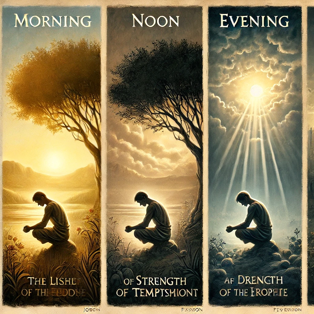 Here is the depiction of a person meditating and persevering at three moments of the day, inspired by the teachings of Job and the prophets.