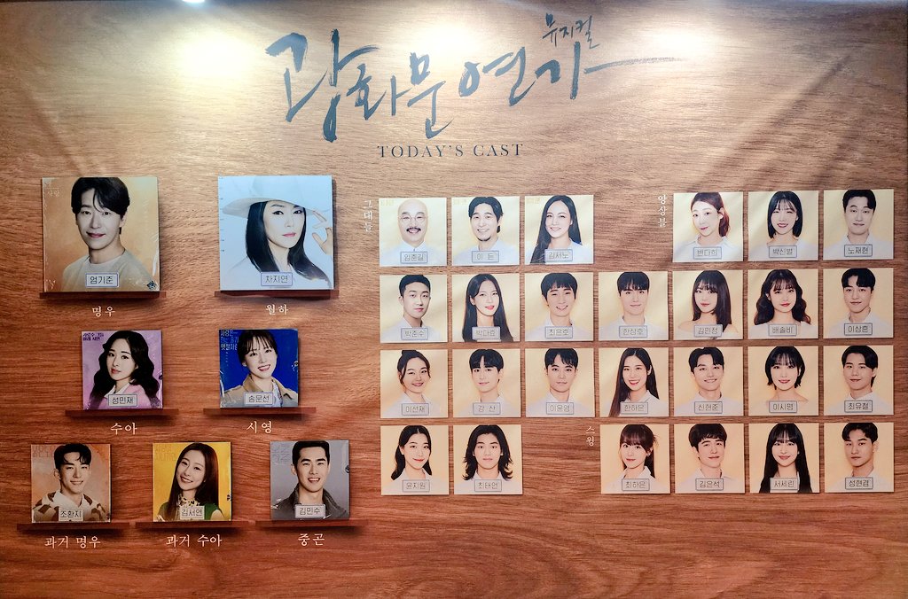 2024년 12월 19일 뮤지컬 광화문연가 캐스팅 보드
캐스트
명우 역 - 엄기준
월하 역 - 차지연
수아 역 - 성민재
시영 역 - 송문선
과거 명우 역 - 조환지
과거 수아 역 - 김서연
중곤 - 김민수
그대들 - 임춘수, 이든, 김서노
앙상블 - 변다희 박신별 노재현 박준수 박다효 최은호 한상호 김민정 배솔비 이상흔 이선재 강산 이윤영 한하은 신현준 이시명 최유철 윤지원 최태언
스윙 - 최아은 김은석 서세린 성현겸