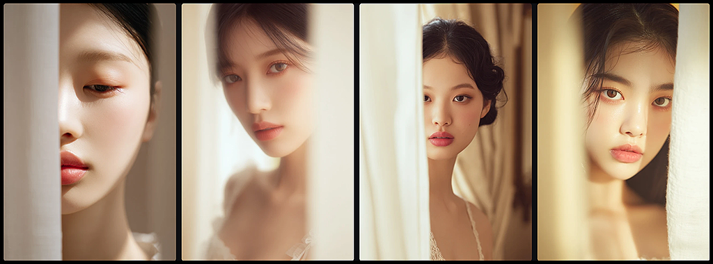 커튼을 근경으로 사용해 인물 클로즈업에서도 공간의 깊이를 표현한 뷰티 포트레이트_Midjourney