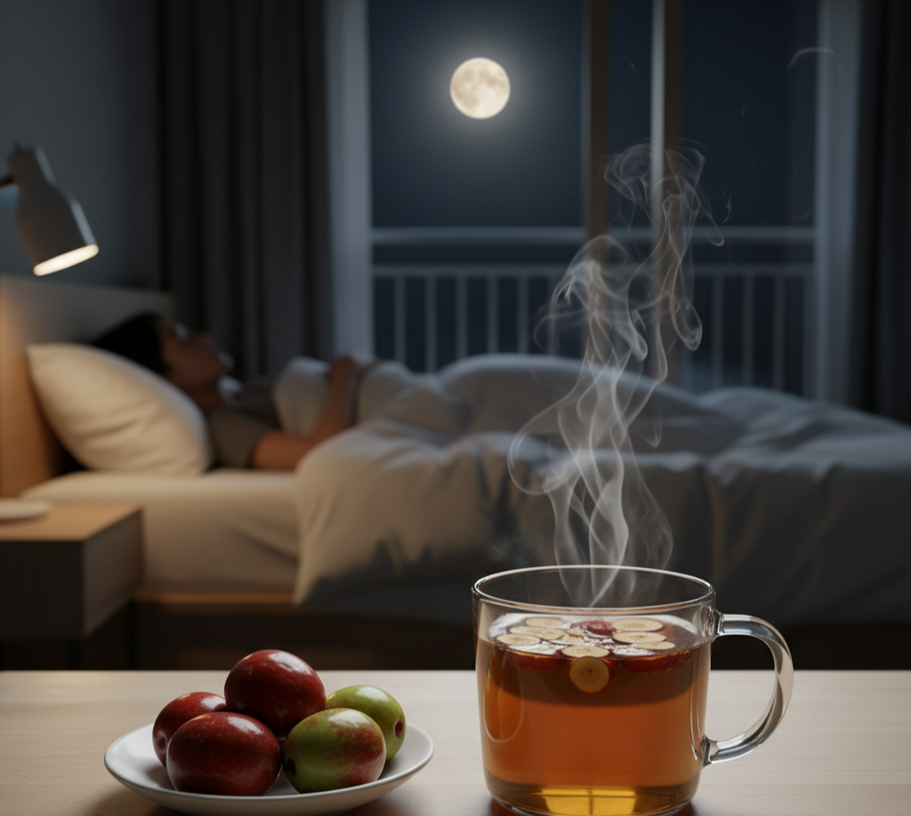 숙면을 돕는 사과대추차와 밤 풍경