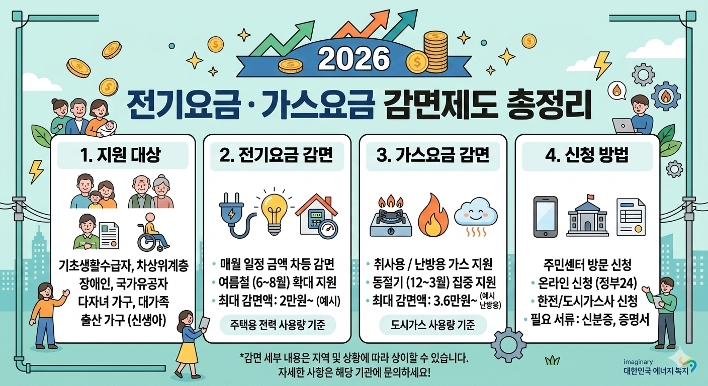 2026 전기요금 · 가스요금 감면제도 총정리 인포그래픽