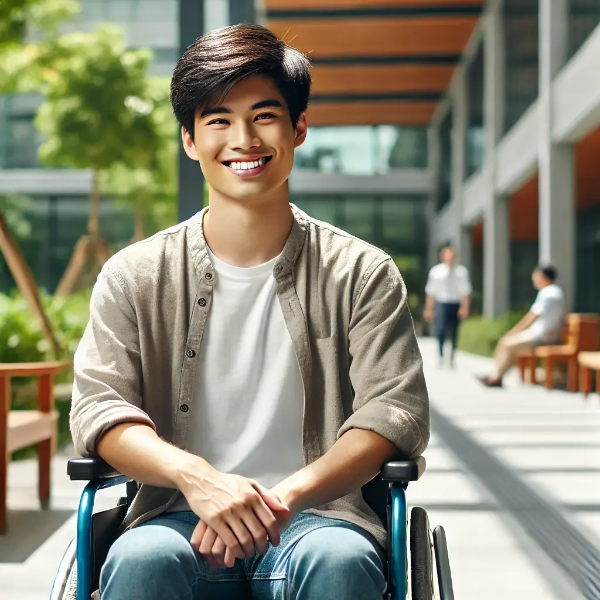 커뮤니티 센터를 향해 자신감 있게 이동하는 동양인 장애인의 모습