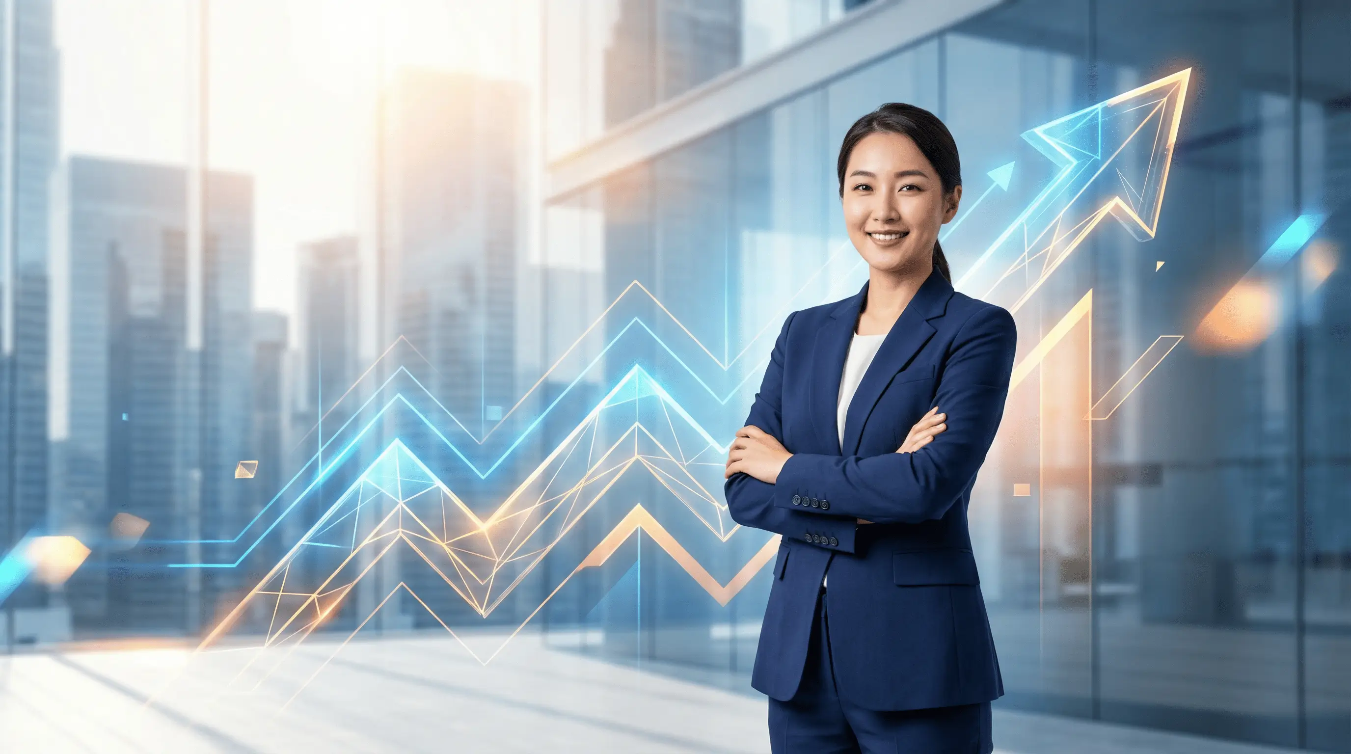 성공적인 창업 후 자신감 넘치는 여성 CEO의 모습과 상승하는 그래프 이미지