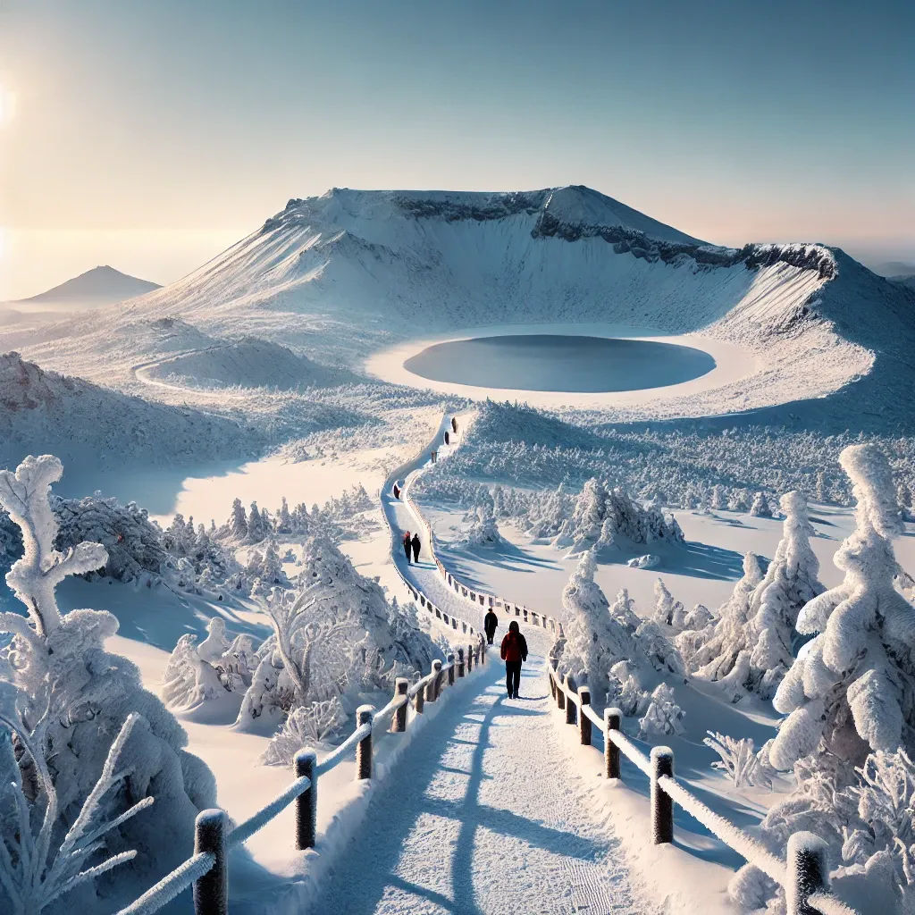 제주 한라산 백록담으로 이어진 눈 덮인 등산로와 겨울 풍경