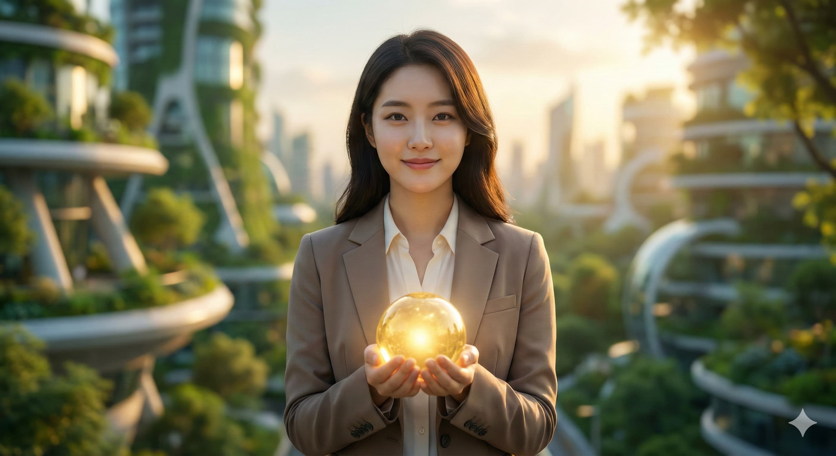 2026년의 희망을 상징하는 빛을 손에 든 지적이고 아름다운 젊은 여성 모델이 자연과 현대 건축이 조화된 배경에서 미소 짓고 있다.