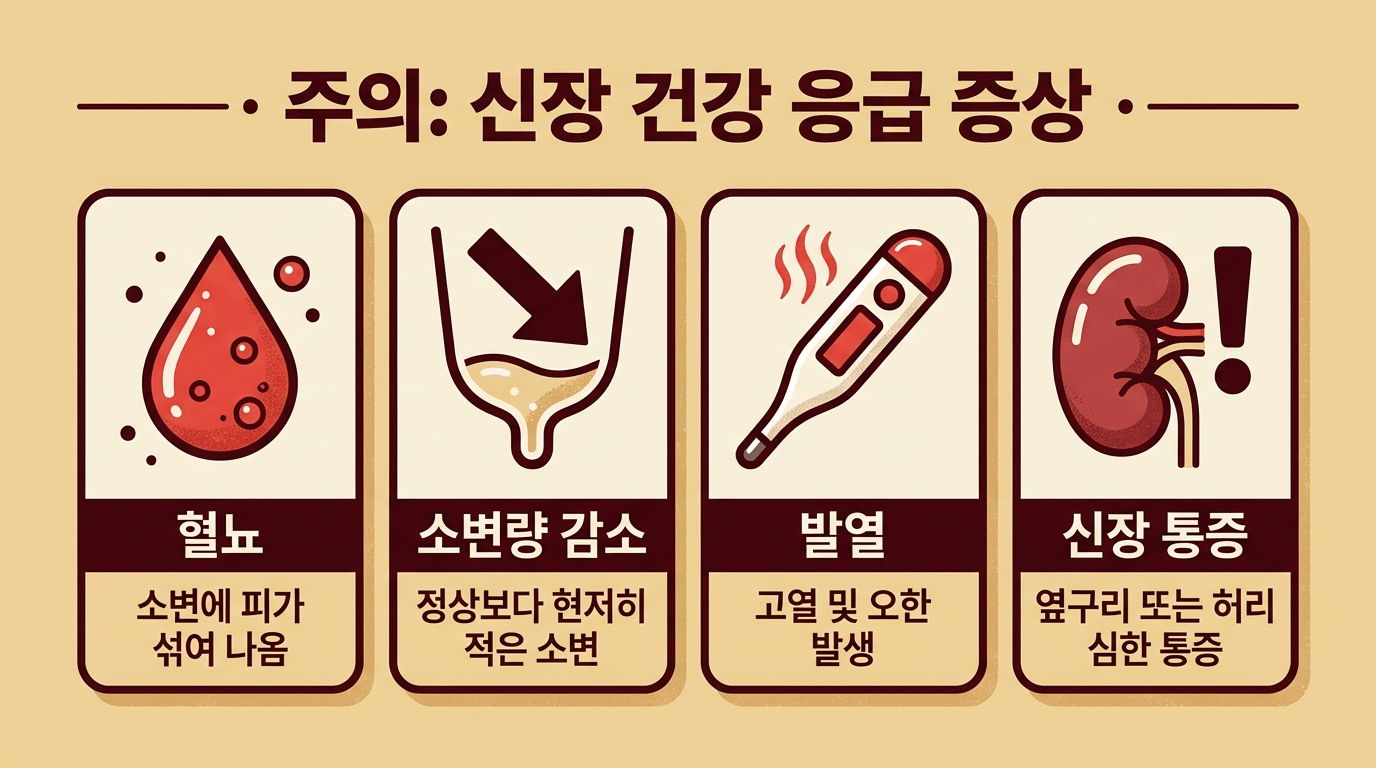 소변 응급 신호 혈뇨 무뇨 발열 경고 일러스트