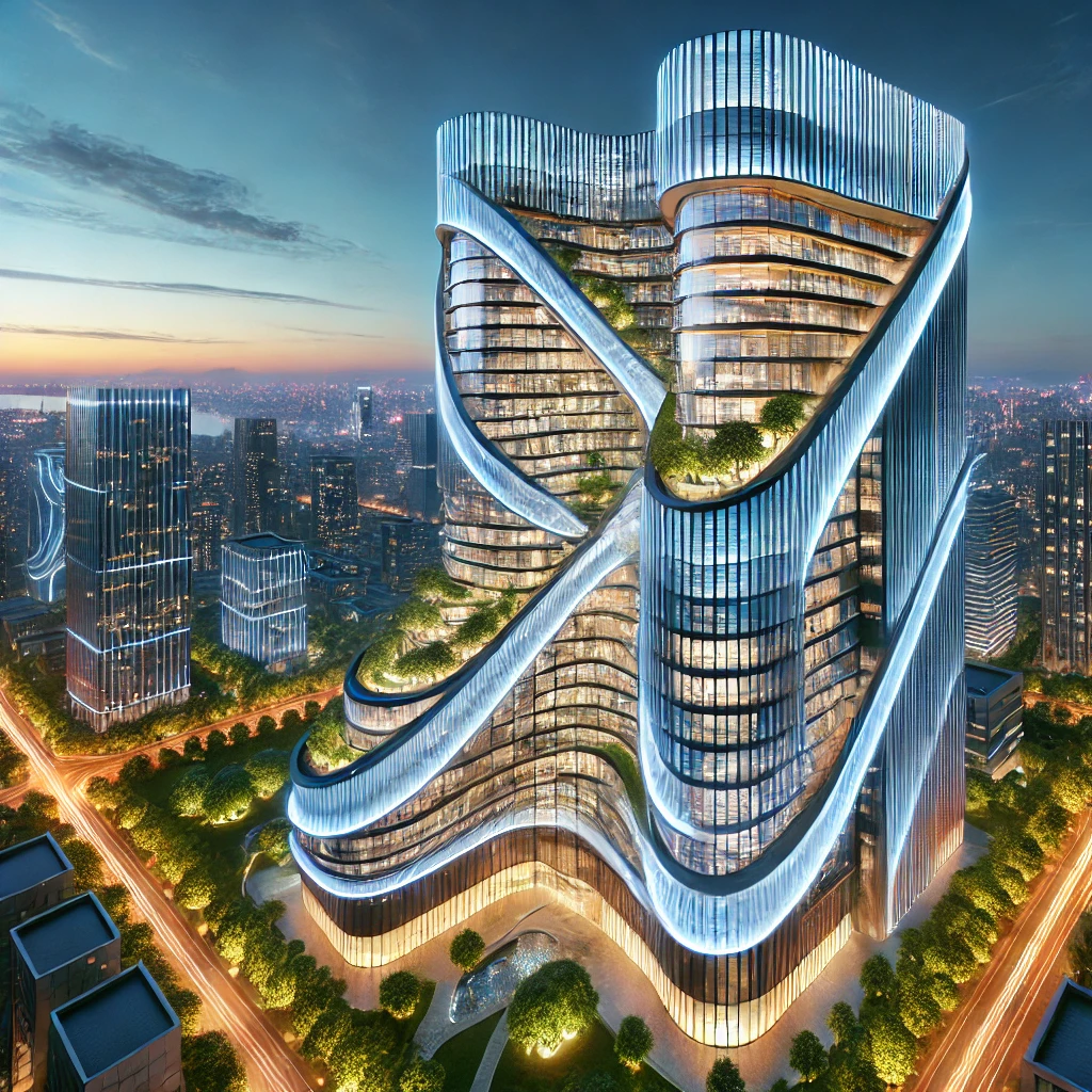 "미래적인 디자인의 초고층 빌딩으로, 곡선 형태의 유리 외벽이 돋보이는 건축물입니다. 주변은 녹지와 활기찬 도시 경관으로 둘러싸여 있으며, 건물 외벽에는 다채로운 LED 조명이 예술적이고 고급스러운 분위기를 연출합니다. 맑은 파란 하늘 아래 빛나는 현대적 건축물이 돋보이는 장면입니다."