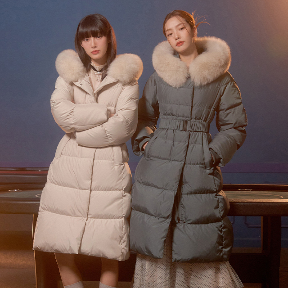 랩 다운 폭스 롱 벨티드 슬림 패딩 자켓 AN4PDB66