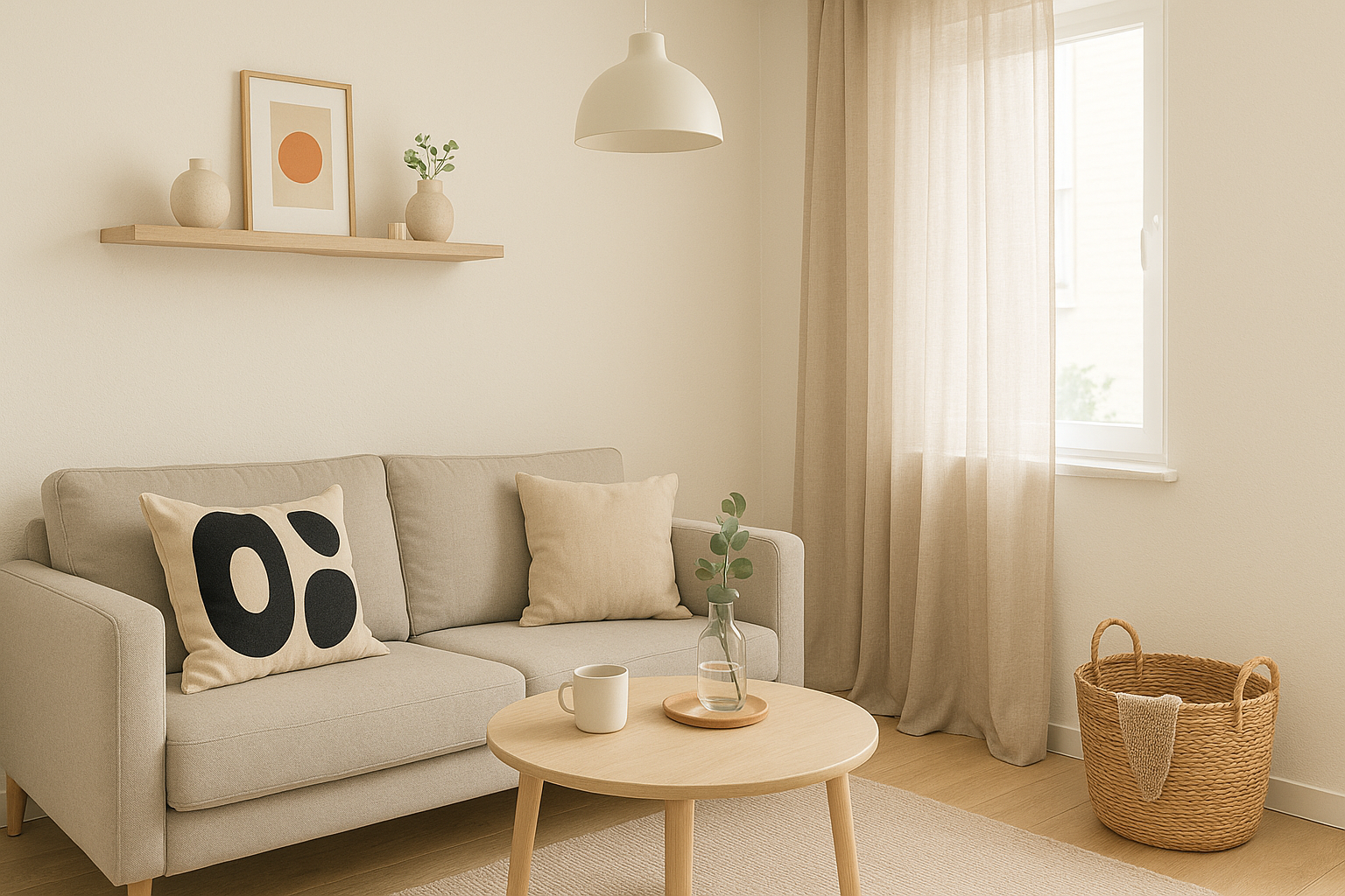 작은 아파트 거실에 북유럽 인테리어 아이템인 벽 선반, 린넨 커튼, 그래픽 쿠션, 수납 바구니, 펜던트 조명이 어우러진 아늑한 공간