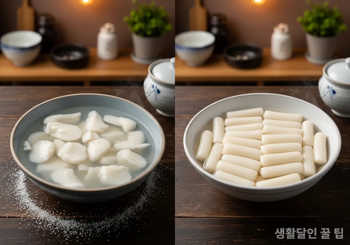 찬물에 불려 갈라진 떡과 올바른 방법으로 해동해 매끈한 떡 비교