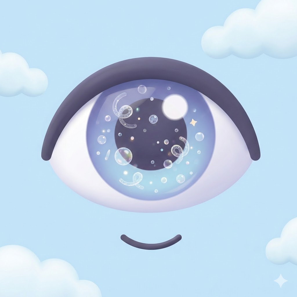 파란 하늘을 배경으로 귀여운 눈 속에 떠다니는 작은 점들. 비문증을 은유적으로 표현한 3D 카툰 일러스트.