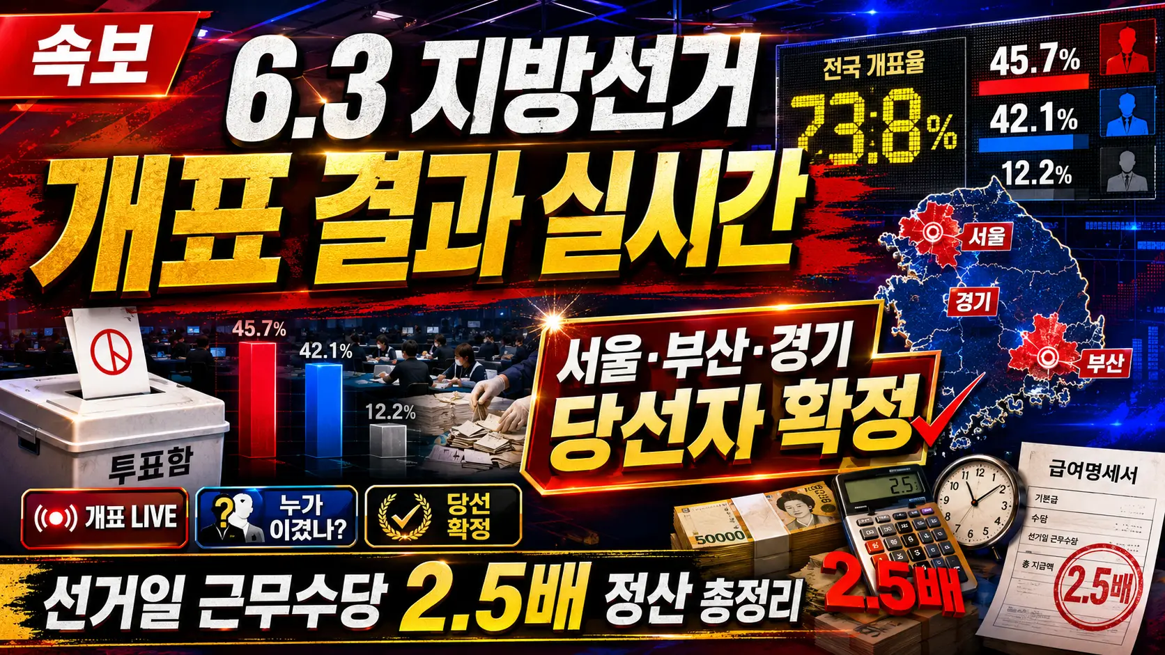6.3 지방선거 개표 결과 실시간 — 서울·부산·경기 광역단체장 당선자 확정 + 선거일 근무수당 2.5배 정산 총정리