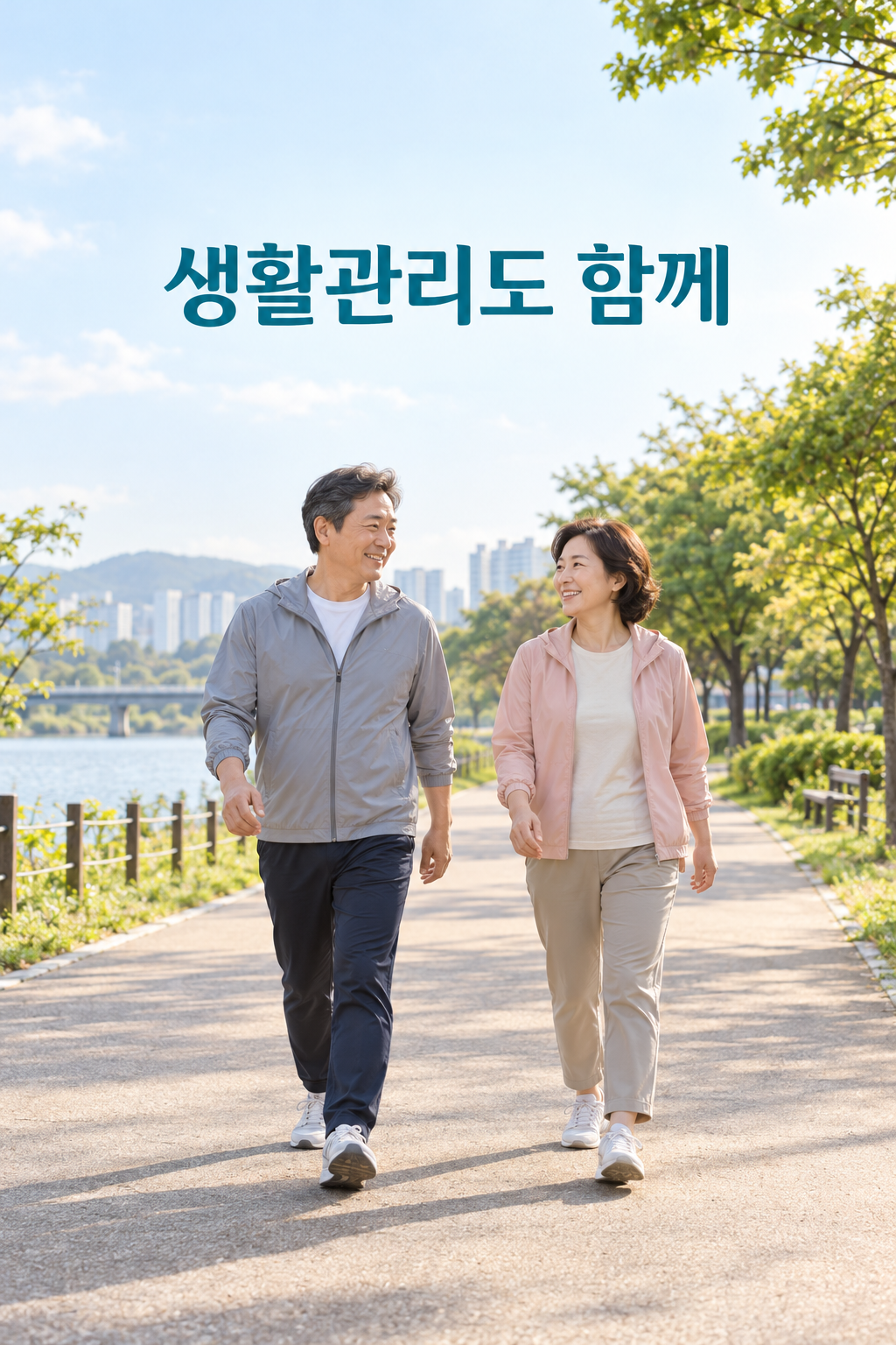 평탄한 공원 산책로를 편안한 속도로 걷는 중년 성인 두 명