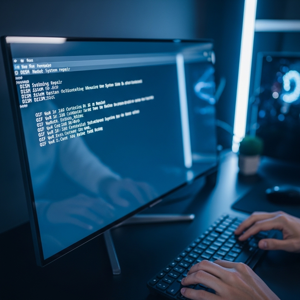 DISM 명령어를 사용하여 Windows 시스템 이미지를 복구하는 컴퓨터 화면