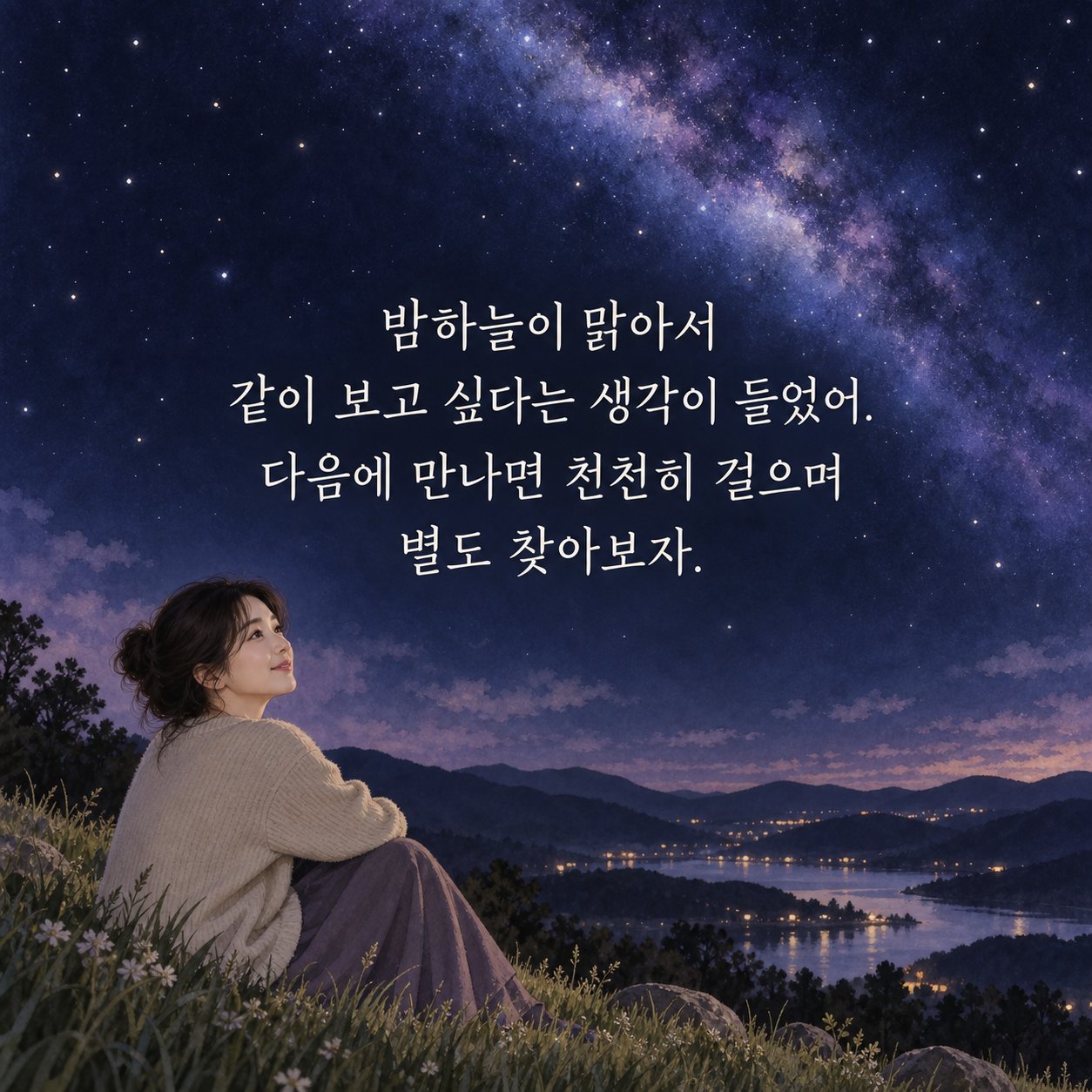 연인에게 보내는 다정한 저녁 인사 이미지 18 — 밤하늘이 맑아서 같이 보고 싶다는 생각이 들었어. 다음에 만나면 천천히 걸으며 별도 찾아보자.