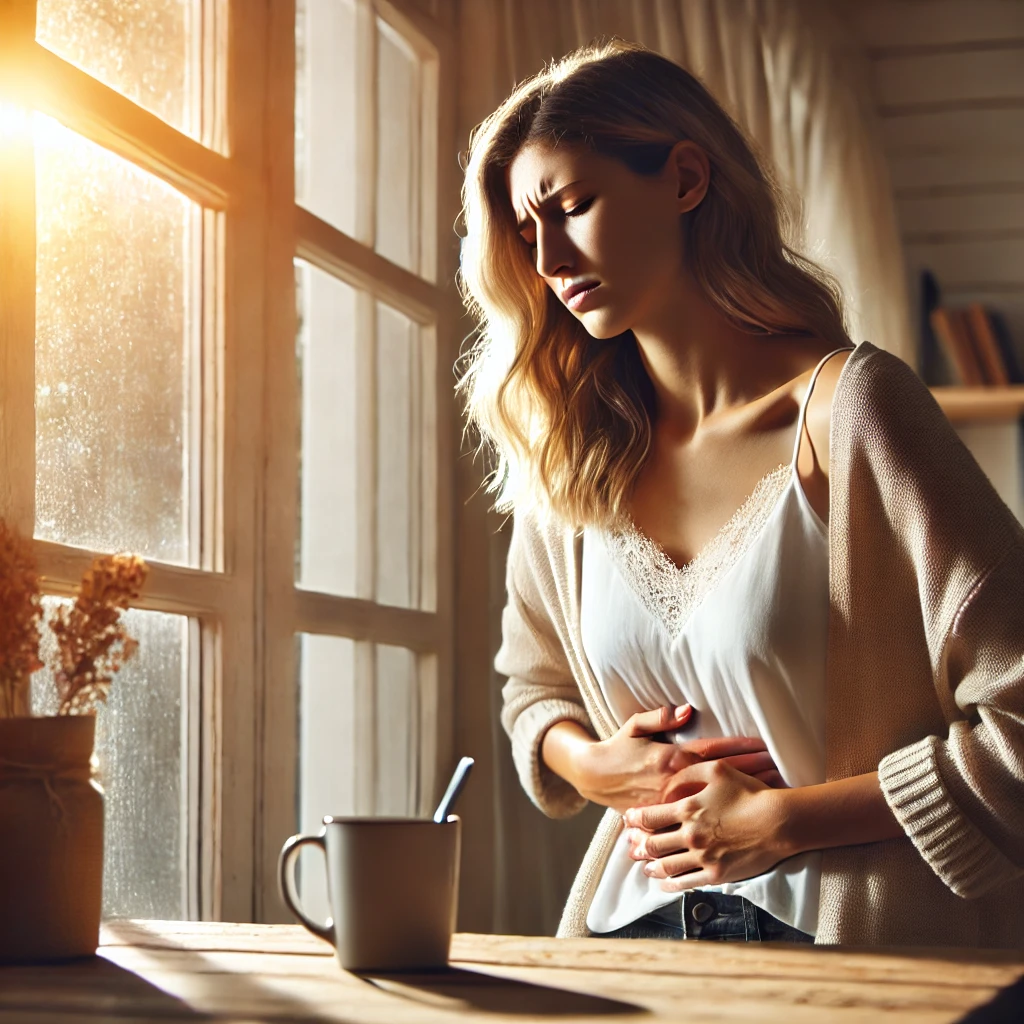 빈속에 마신 커피로 속쓰림을 느끼는 여성 사진
